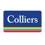 Colliers logo with blue background and colorful stripe at the bottom